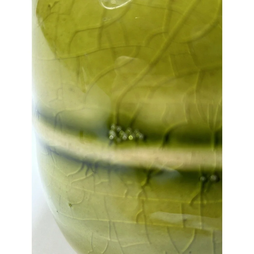 Vibrant MCM Green‎ Ribbed Variegated Vase with crazing 10.25 in
